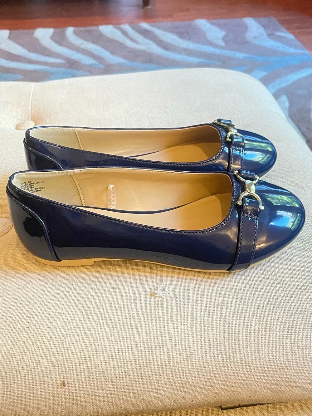 Janie and Jack Navy Patent Leather Ballet Flats with Gold Bit Detail Size 13 Gir